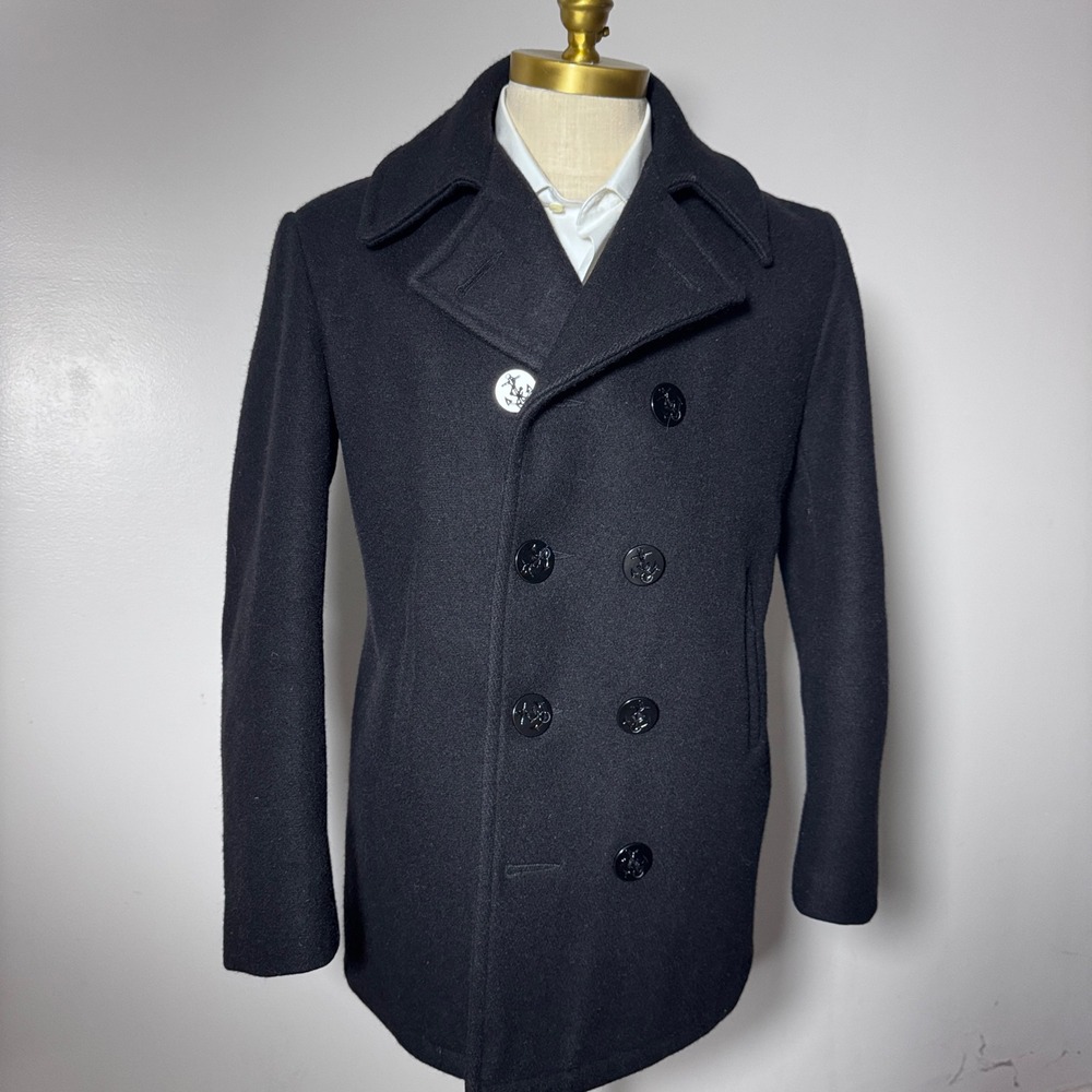 US Military Spec Wool Pea Coat Mens 40 Black Solid Double Breasted USA Made